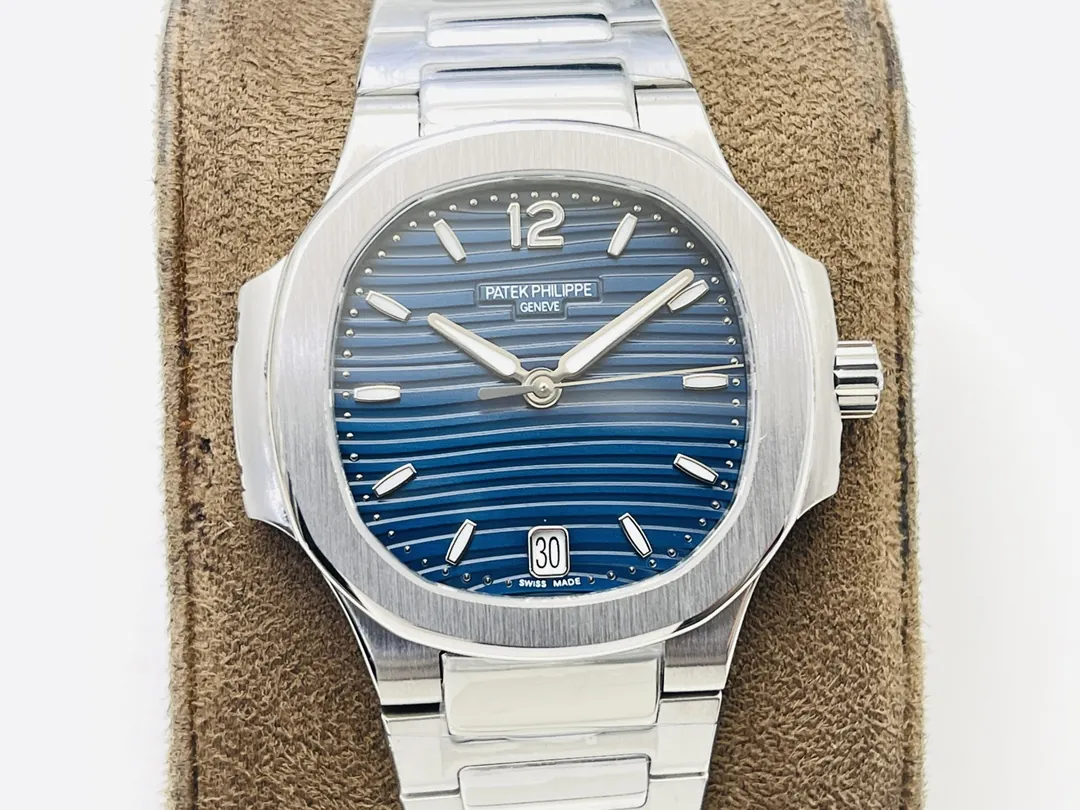 Super Clone Patek Philippe Nautilus 7118/1A-001 Replica Blue Wave Dial 35.2mm 904L Stainless Steel Case Ladies Luxury Watch Dial Detail