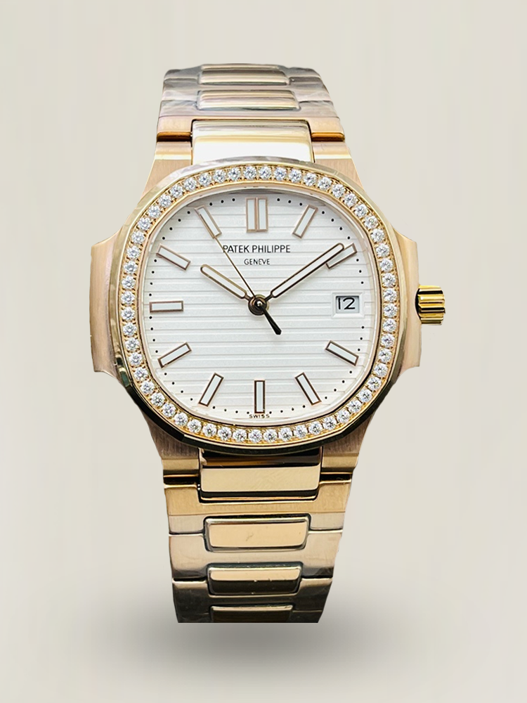 Luxury Patek Philippe Nautilus 5711/1R-001 Replica White Dial Diamond-Set Bezel Rose Gold Plated 904L Stainless Steel Case Watch Main Image