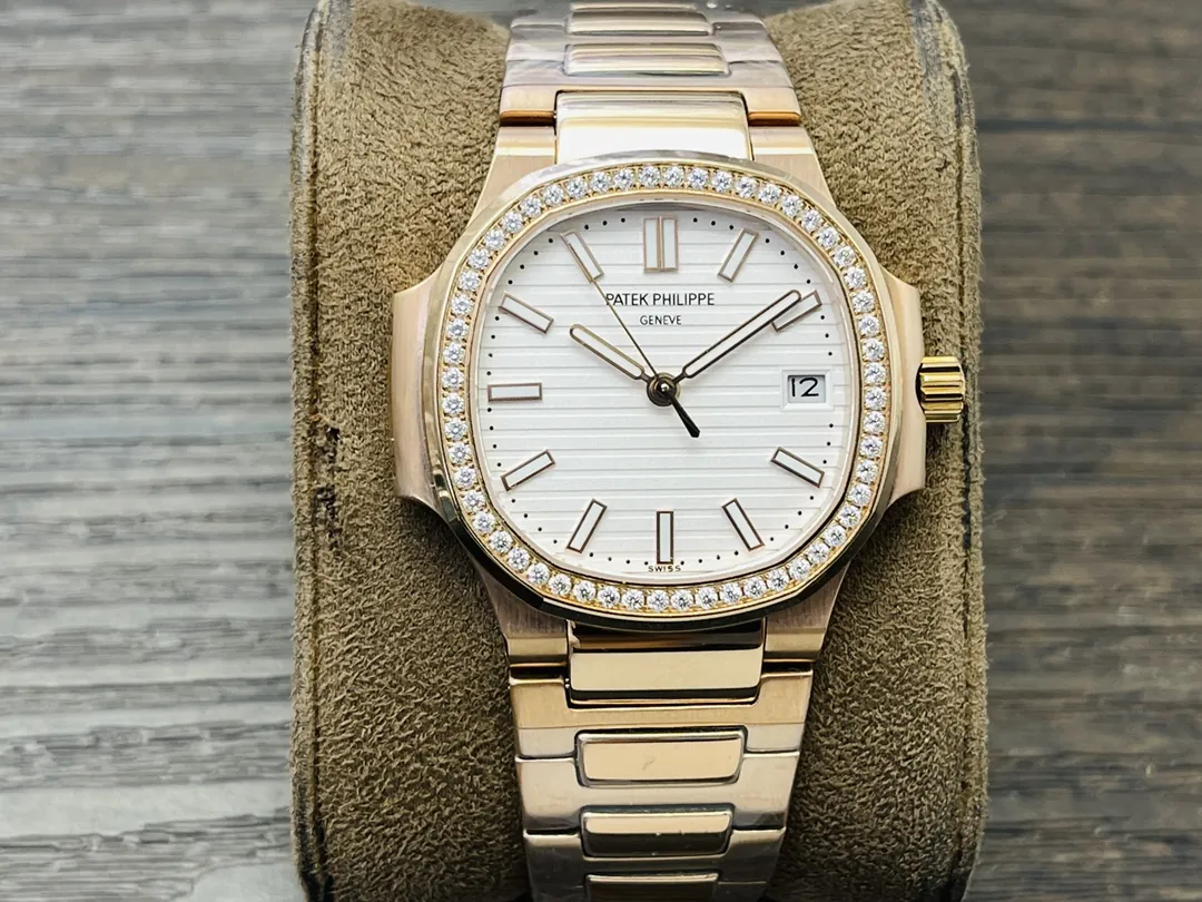 Luxury Patek Philippe Nautilus 5711/1R-001 Replica White Dial Diamond-Set Bezel Rose Gold Plated 904L Stainless Steel Case Watch Front View