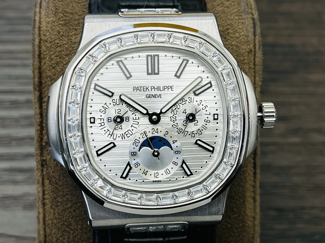 Luxury Patek Philippe Nautilus 5740/1G-001 Replica 40mm Silver White Dial Diamond Bezel Perpetual Calendar Watch Dial Detail