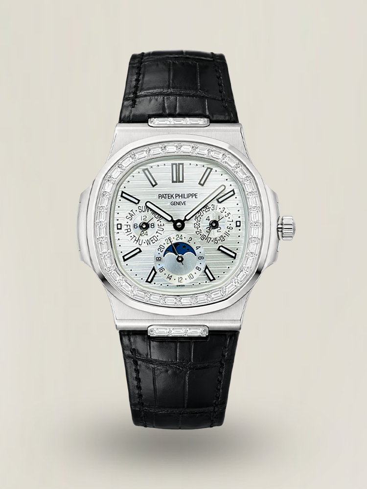 Luxury Patek Philippe Nautilus 5740/1G-001 Replica 40mm Silver White Dial Diamond Bezel Perpetual Calendar Watch First Image