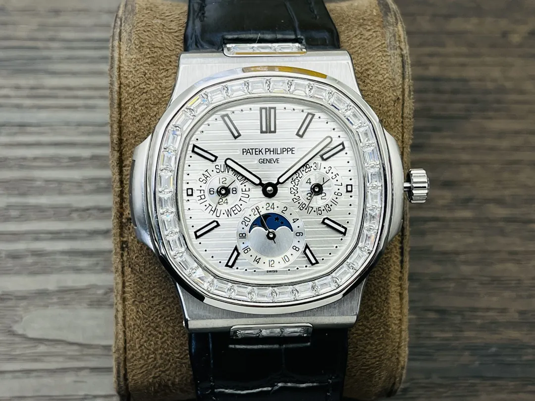 Luxury Patek Philippe Nautilus 5740/1G-001 Replica 40mm Silver White Dial Diamond Bezel Perpetual Calendar Watch Front View