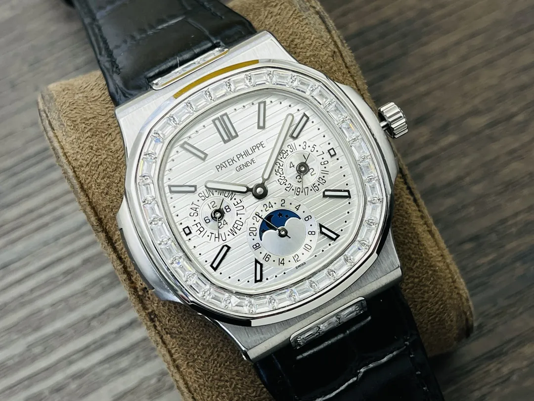 Luxury Patek Philippe Nautilus 5740/1G-001 Replica 40mm Silver White Dial Diamond Bezel Perpetual Calendar Watch Dial Side View 1