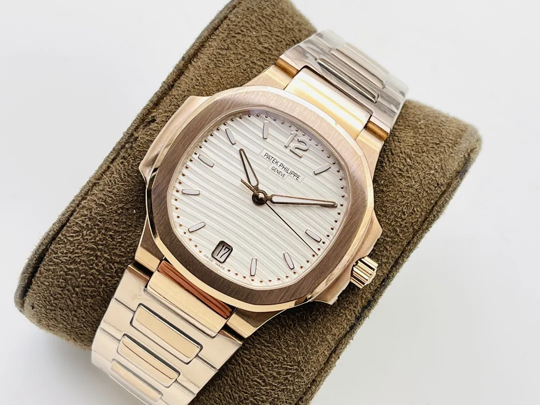 Replica Patek Philippe Nautilus 7118/1R-001 Super Clone Silvery Opaline Wave Dial Rose Gold Tone Bracelet 35.2mm Ladies Watch Side View Of Dial 2