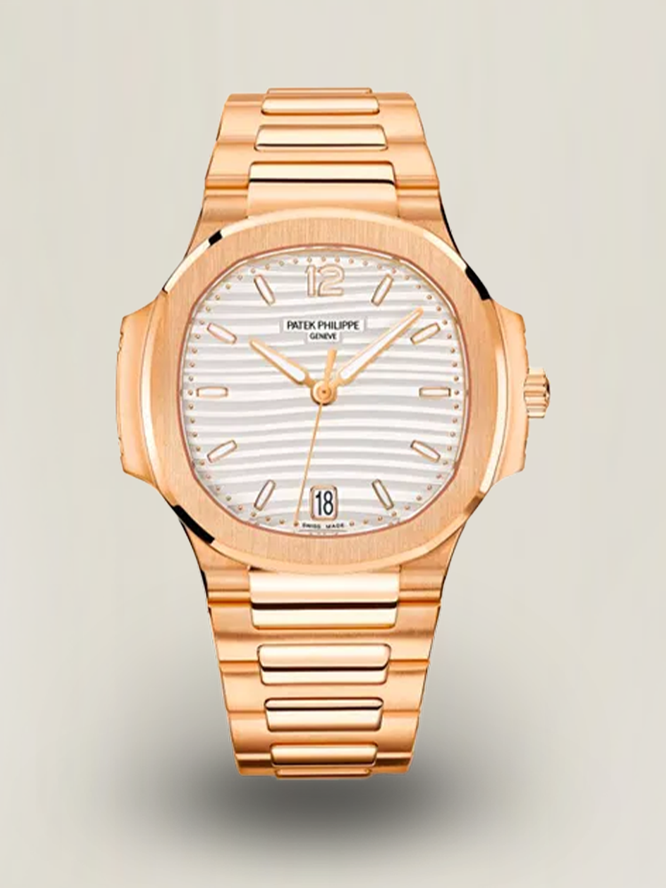 Replica Patek Philippe Nautilus 7118/1R-001 Super Clone Silvery Opaline Wave Dial Rose Gold Tone Bracelet 35.2mm Ladies Watch Main Image