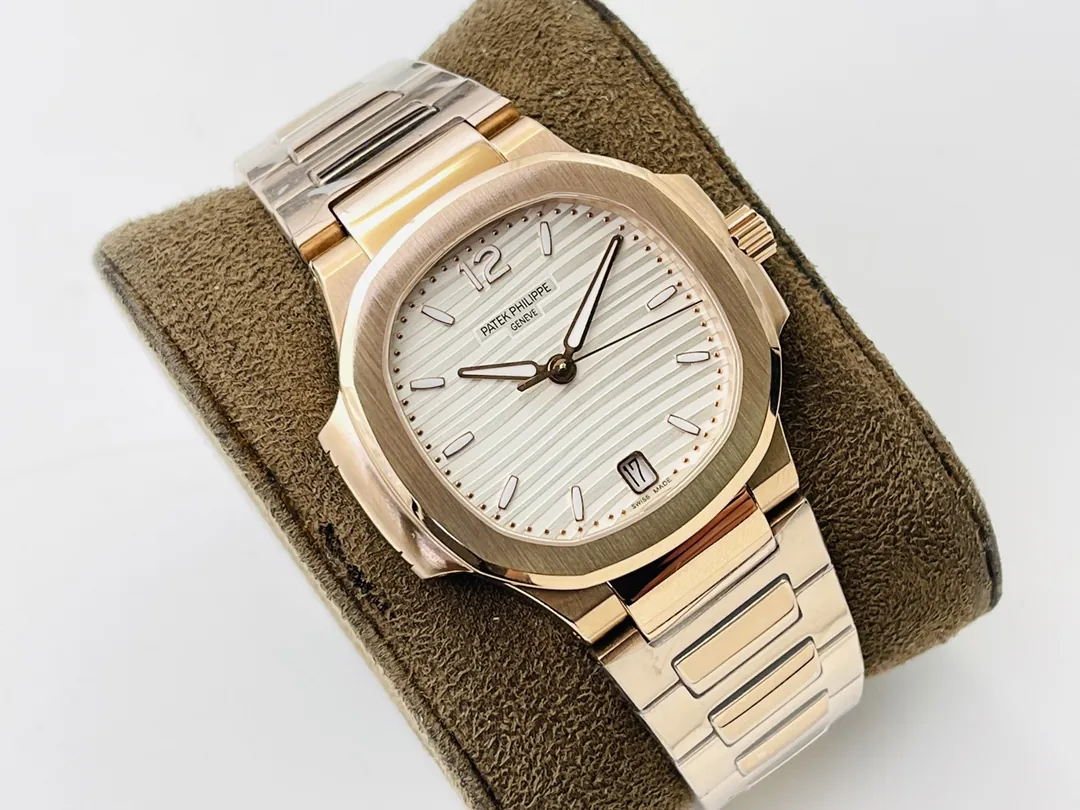 Replica Patek Philippe Nautilus 7118/1R-001 Super Clone Silvery Opaline Wave Dial Rose Gold Tone Bracelet 35.2mm Ladies Watch Side View Of Dial 1