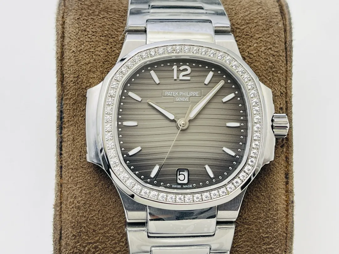 Super Clone Patek Philippe Nautilus 7118/1200A-011 Replica Grey Opaline Gradient Dial Diamond Bezel Ladies Luxury 35.2mm Watch Dial Detail