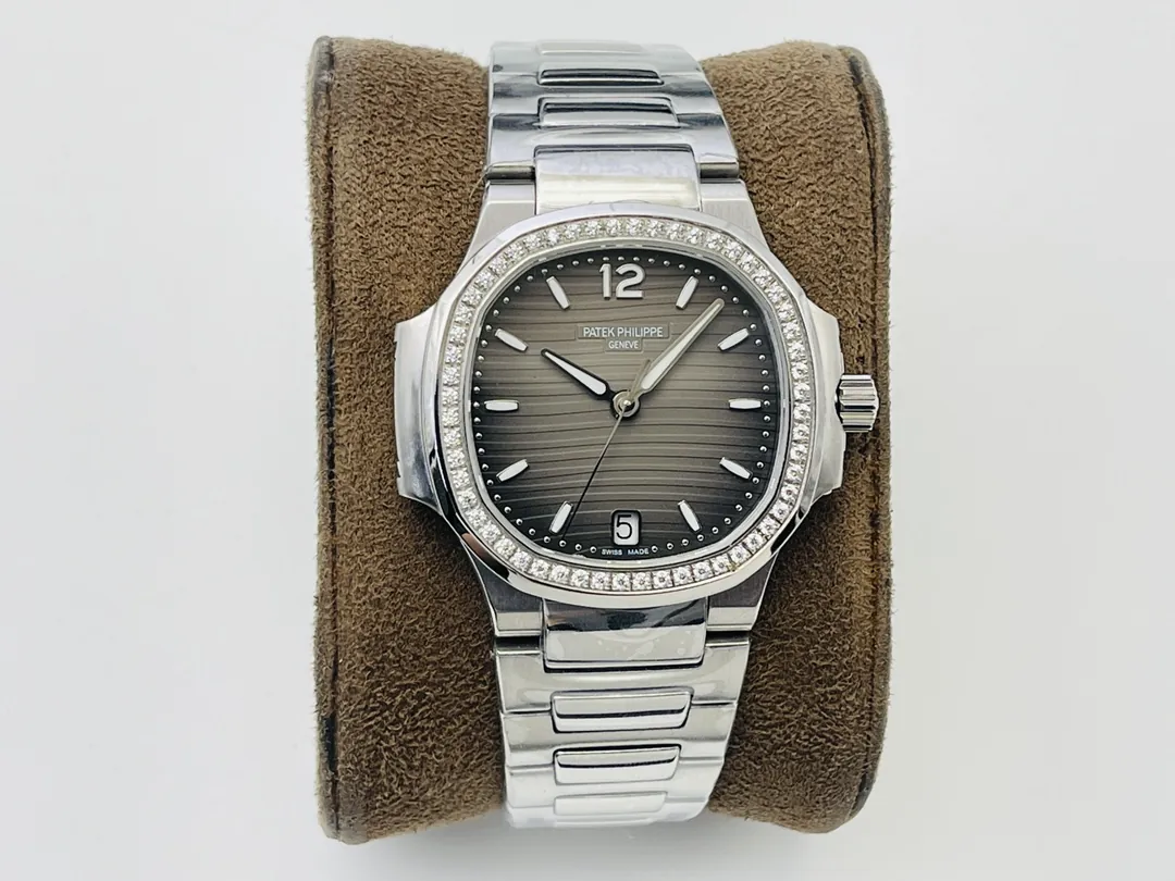 Super Clone Patek Philippe Nautilus 7118/1200A-011 Replica Grey Opaline Gradient Dial Diamond Bezel Ladies Luxury 35.2mm Watch Front View