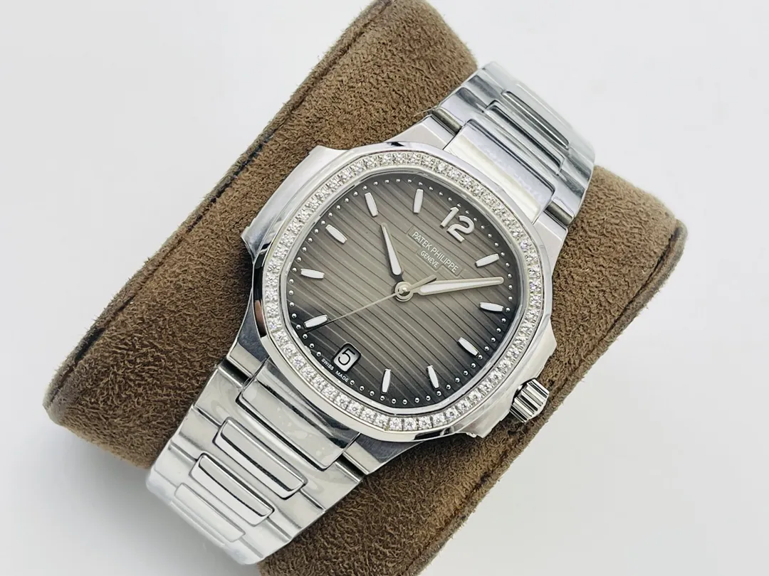 Super Clone Patek Philippe Nautilus 7118/1200A-011 Replica Grey Opaline Gradient Dial Diamond Bezel Ladies Luxury 35.2mm Watch Side View Of Dial 2