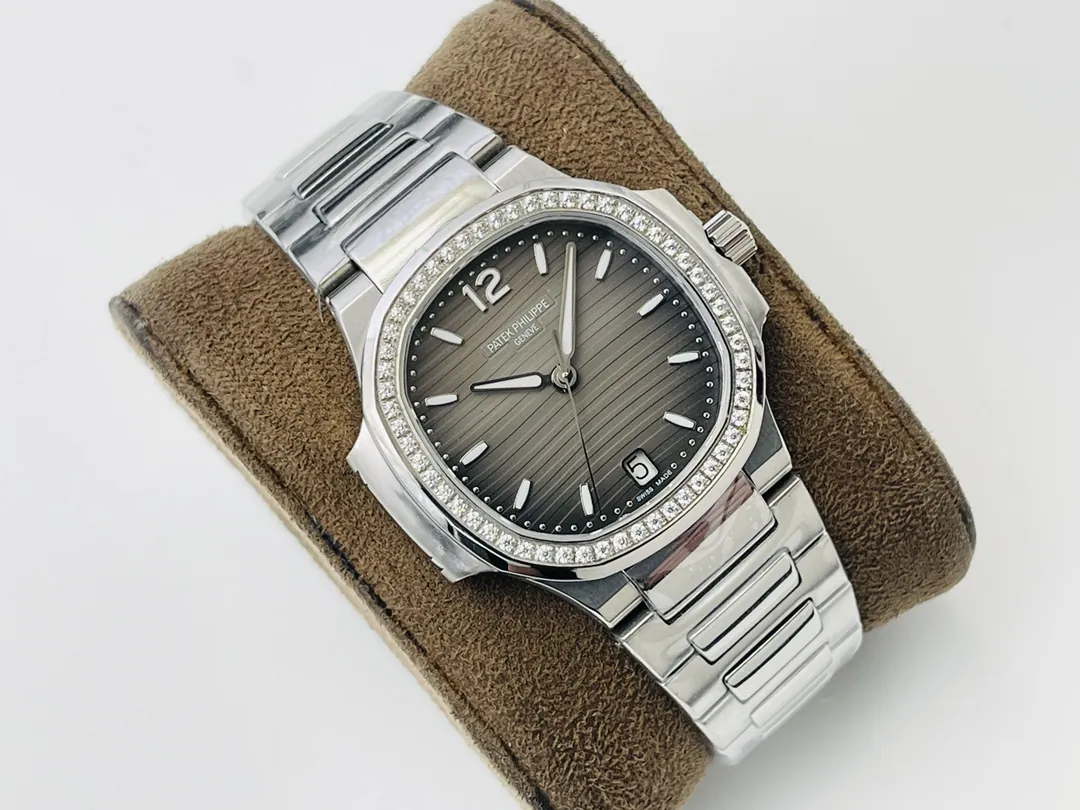 Super Clone Patek Philippe Nautilus 7118/1200A-011 Replica Grey Opaline Gradient Dial Diamond Bezel Ladies Luxury 35.2mm Watch Side View Of Dial 1