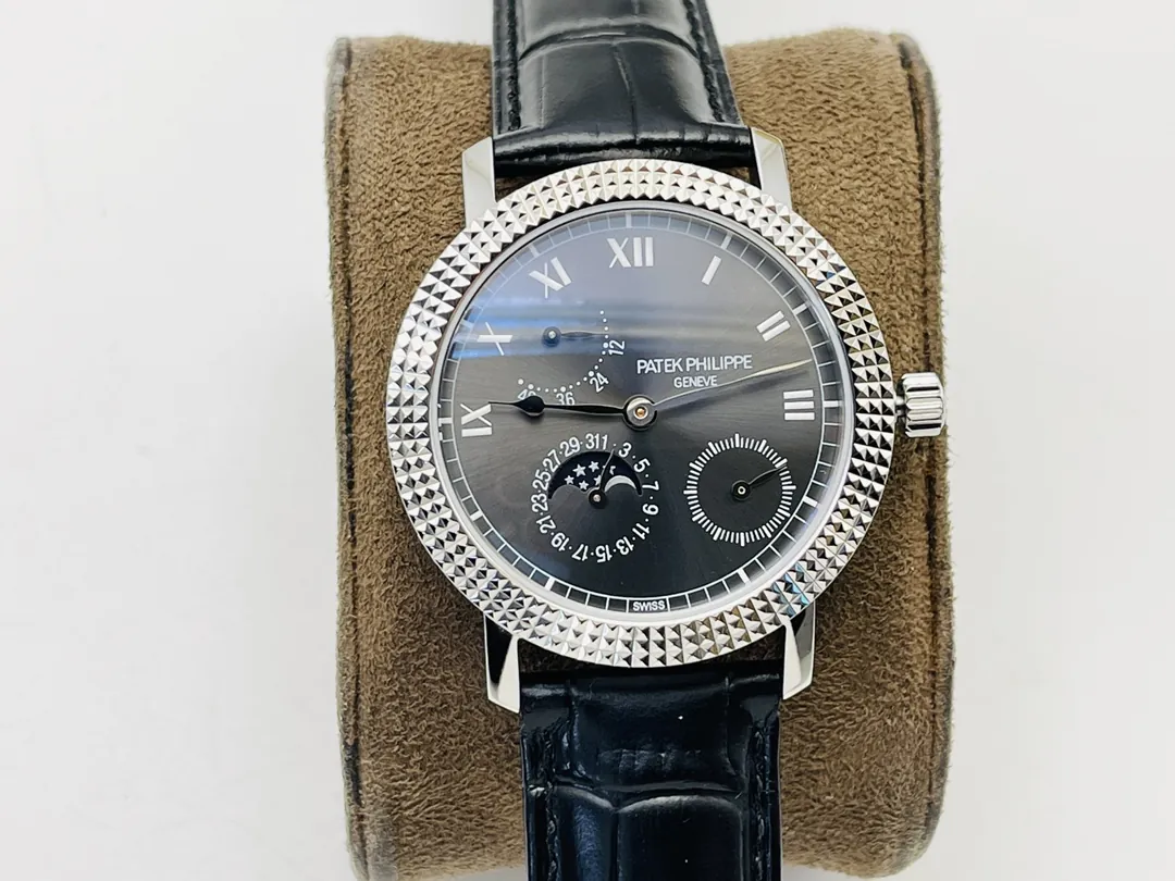 Luxury Patek Philippe Calatrava Cortina 5057G-010 Replica Smoked Grey Dial Hobnail Bezel Black Leather Strap Watch Front View