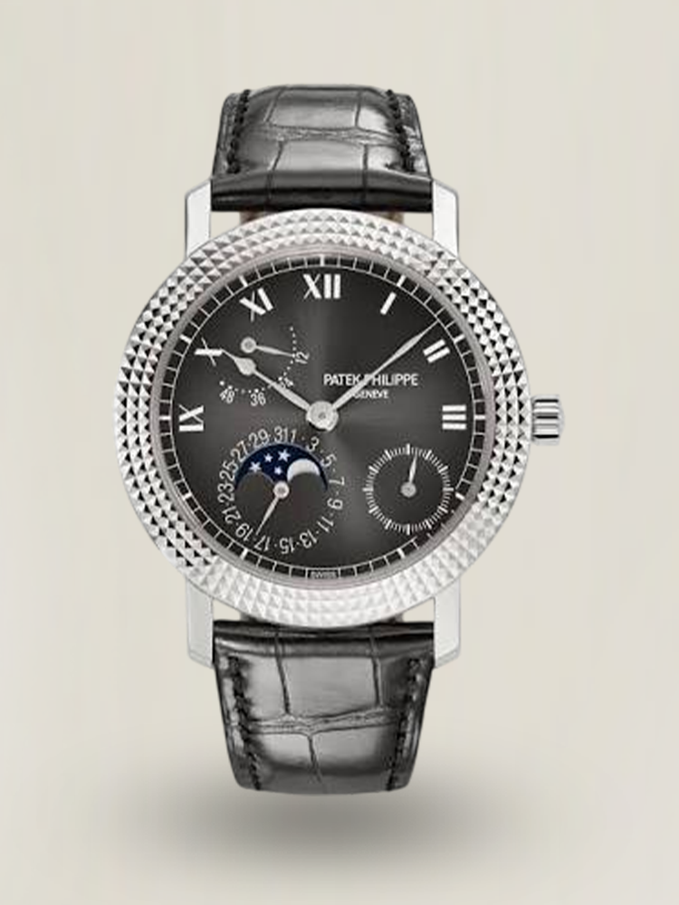 Luxury Patek Philippe Calatrava Cortina 5057G-010 Replica Smoked Grey Dial Hobnail Bezel Black Leather Strap Watch Main Image