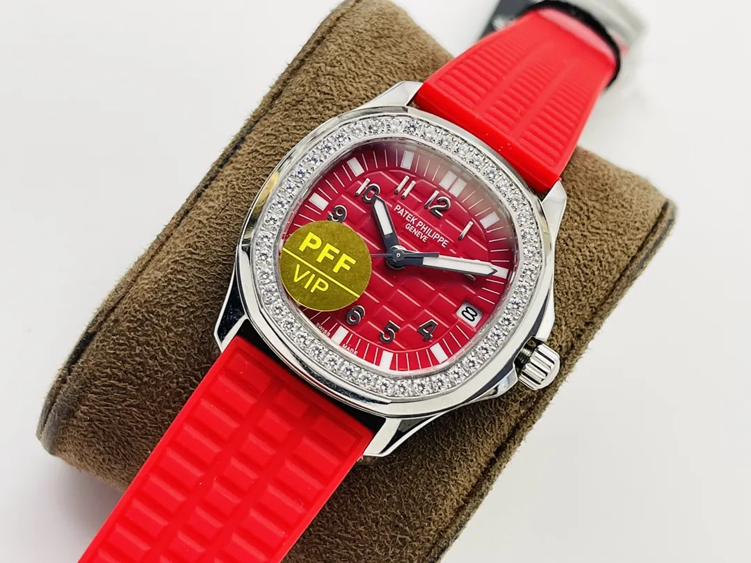 PPF Factory Super Clone Patek Philippe Aquanaut Luce 5067A-027 Replica Red Dial Diamond Bezel Red Rubber Strap Ladies Watch Dial Side View 2