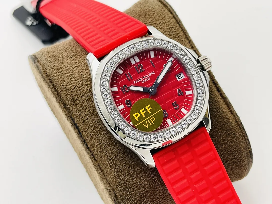 PPF Factory Super Clone Patek Philippe Aquanaut Luce 5067A-027 Replica Red Dial Diamond Bezel Red Rubber Strap Ladies Watch Dial Side View 1