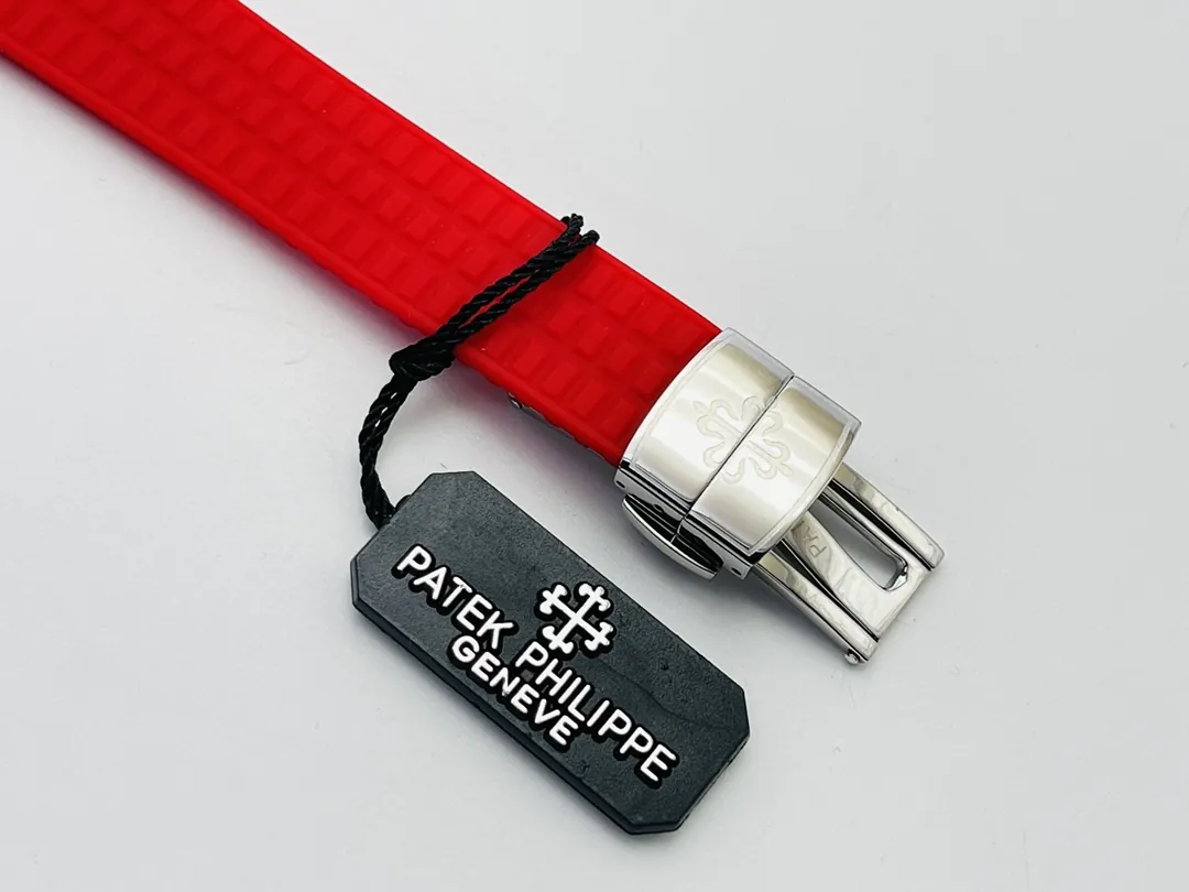 PPF Factory Super Clone Patek Philippe Aquanaut Luce 5067A-027 Replica Red Dial Diamond Bezel Red Rubber Strap Ladies Watch Strap