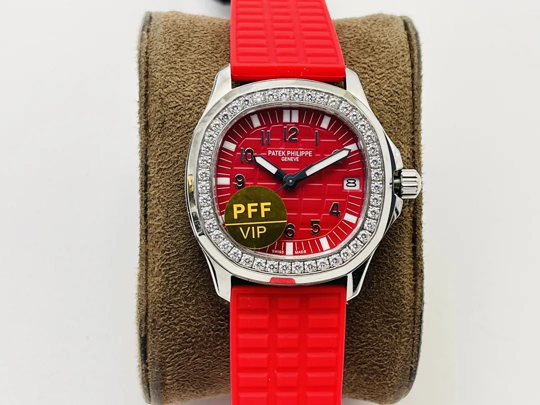 PPF Factory Super Clone Patek Philippe Aquanaut Luce 5067A-027 Replica Red Dial Diamond Bezel Red Rubber Strap Ladies Watch Front View