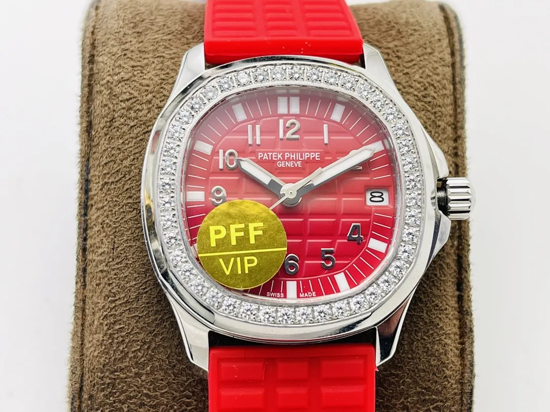 PPF Factory Super Clone Patek Philippe Aquanaut Luce 5067A-027 Replica Red Dial Diamond Bezel Red Rubber Strap Ladies Watch Dial Detail