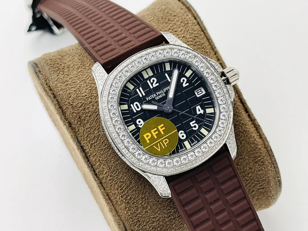 PFF Factory Patek Philippe Aquanaut Luce 5067A Replica Black Embossed Dial Diamond Bezel Brown Rubber Strap Ladies Watch Dial Side View 1
