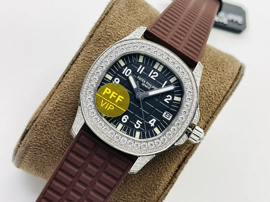 PFF Factory Patek Philippe Aquanaut Luce 5067A Replica Black Embossed Dial Diamond Bezel Brown Rubber Strap Ladies Watch Dial Side View 2