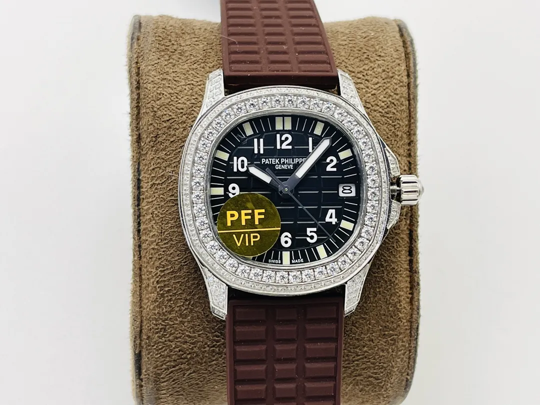 PFF Factory Patek Philippe Aquanaut Luce 5067A Replica Black Embossed Dial Diamond Bezel Brown Rubber Strap Ladies Watch Front View