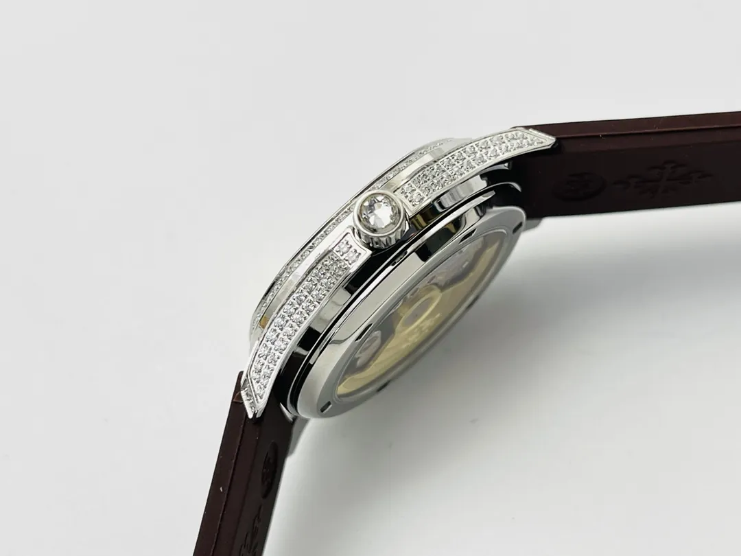 PFF Factory Patek Philippe Aquanaut Luce 5067A Replica Black Embossed Dial Diamond Bezel Brown Rubber Strap Ladies Watch Side View 2
