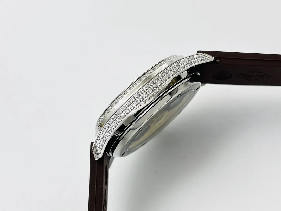 PFF Factory Patek Philippe Aquanaut Luce 5067A Replica Black Embossed Dial Diamond Bezel Brown Rubber Strap Ladies Watch Side View 1