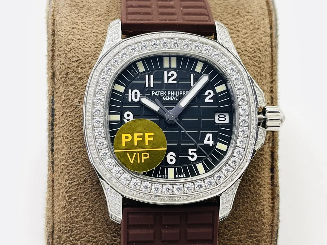 PFF Factory Patek Philippe Aquanaut Luce 5067A Replica Black Embossed Dial Diamond Bezel Brown Rubber Strap Ladies Watch Dial Detail