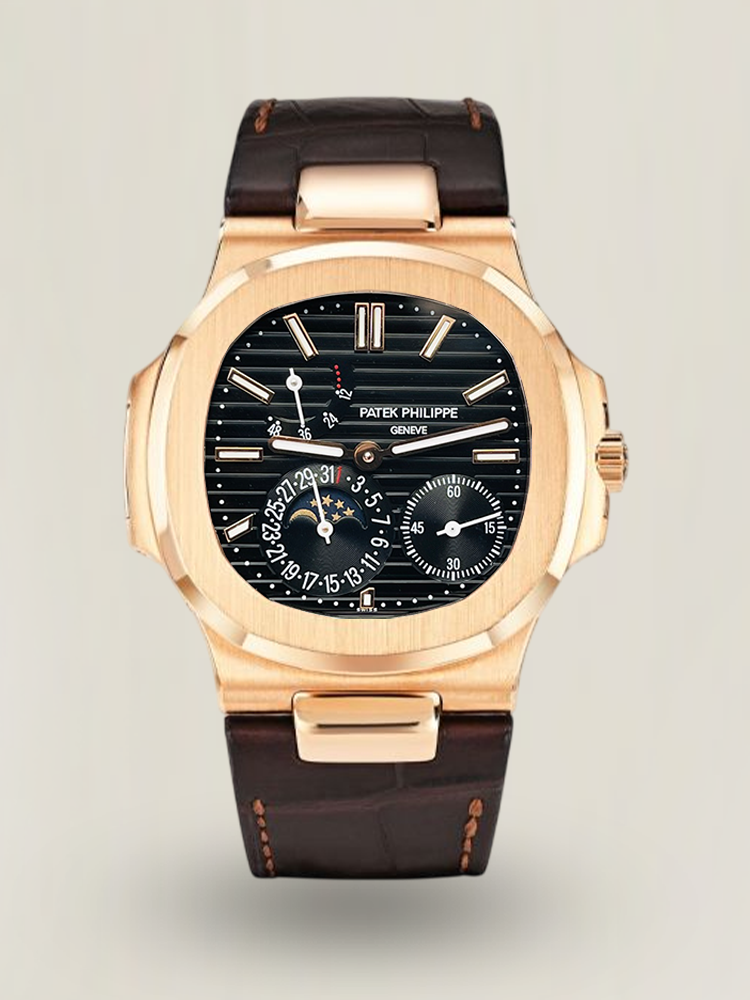 GR Factory Patek Philippe Nautilus 5712R-001 Replica Black Dial Brown Leather Strap Rose Gold Tone Case 40mm Watch Main Image