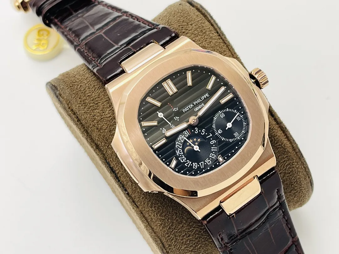 GR Factory Patek Philippe Nautilus 5712R-001 Replica Black Dial Brown Leather Strap Rose Gold Tone Case 40mm Watch Side Profile Of Dial 1