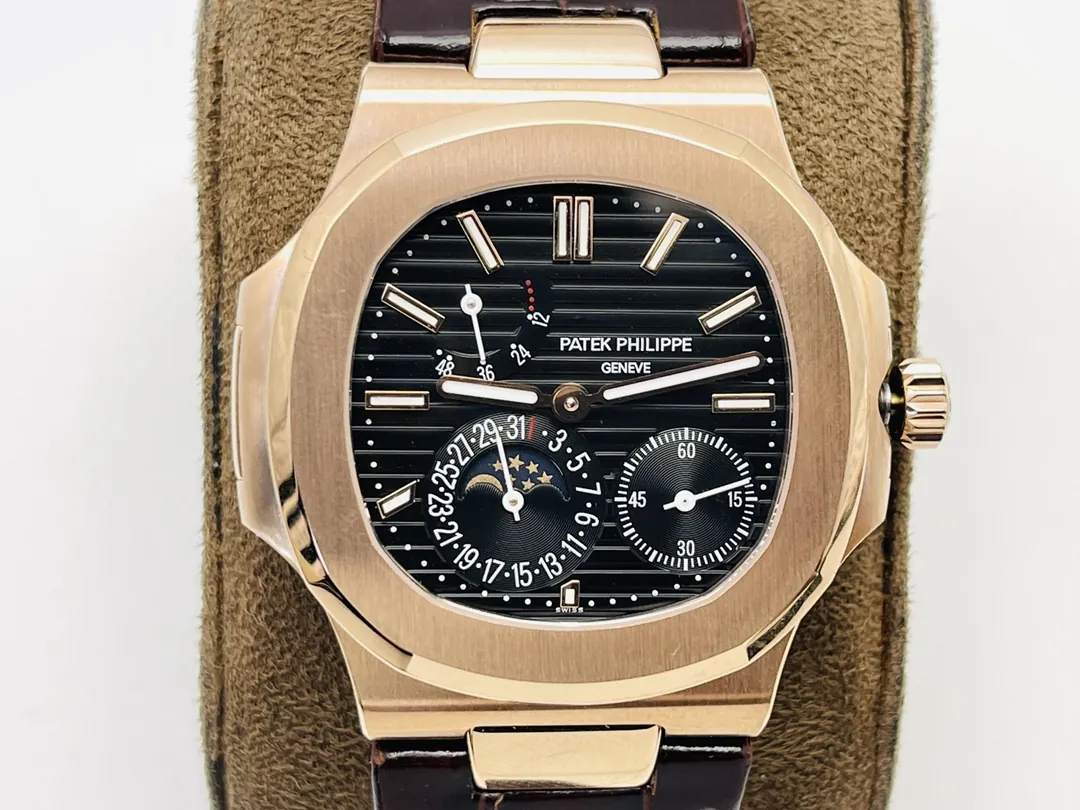 GR Factory Patek Philippe Nautilus 5712R-001 Replica Black Dial Brown Leather Strap Rose Gold Tone Case 40mm Watch Dial Detail