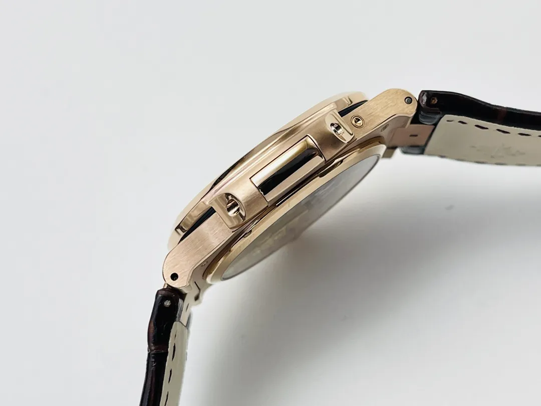 GR Factory Patek Philippe Nautilus 5712R-001 Replica Black Dial Brown Leather Strap Rose Gold Tone Case 40mm Watch Side View 1