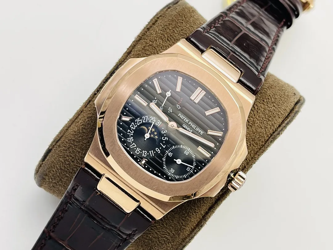 GR Factory Patek Philippe Nautilus 5712R-001 Replica Black Dial Brown Leather Strap Rose Gold Tone Case 40mm Watch Side Profile Of Dial 2