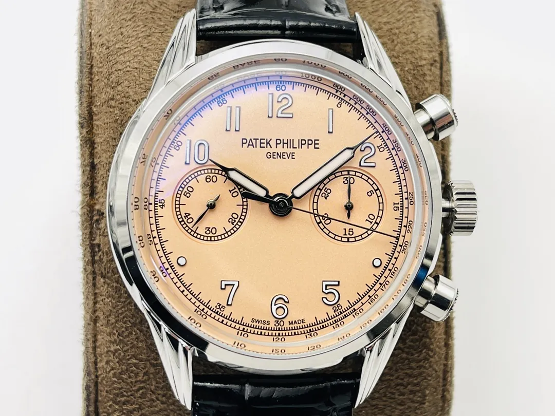Patek Philippe Complications 5172G-010 Replica Rose Opaline "Salmon" Dial Black Leather Strap 41mm Chronograph Watch Dial Detail