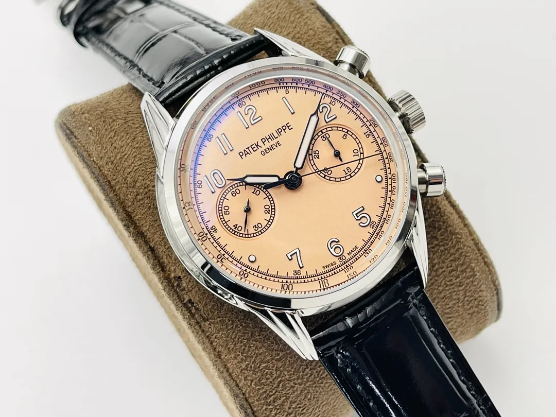 Patek Philippe Complications 5172G-010 Replica Rose Opaline "Salmon" Dial Black Leather Strap 41mm Chronograph Watch Dial Side View 1