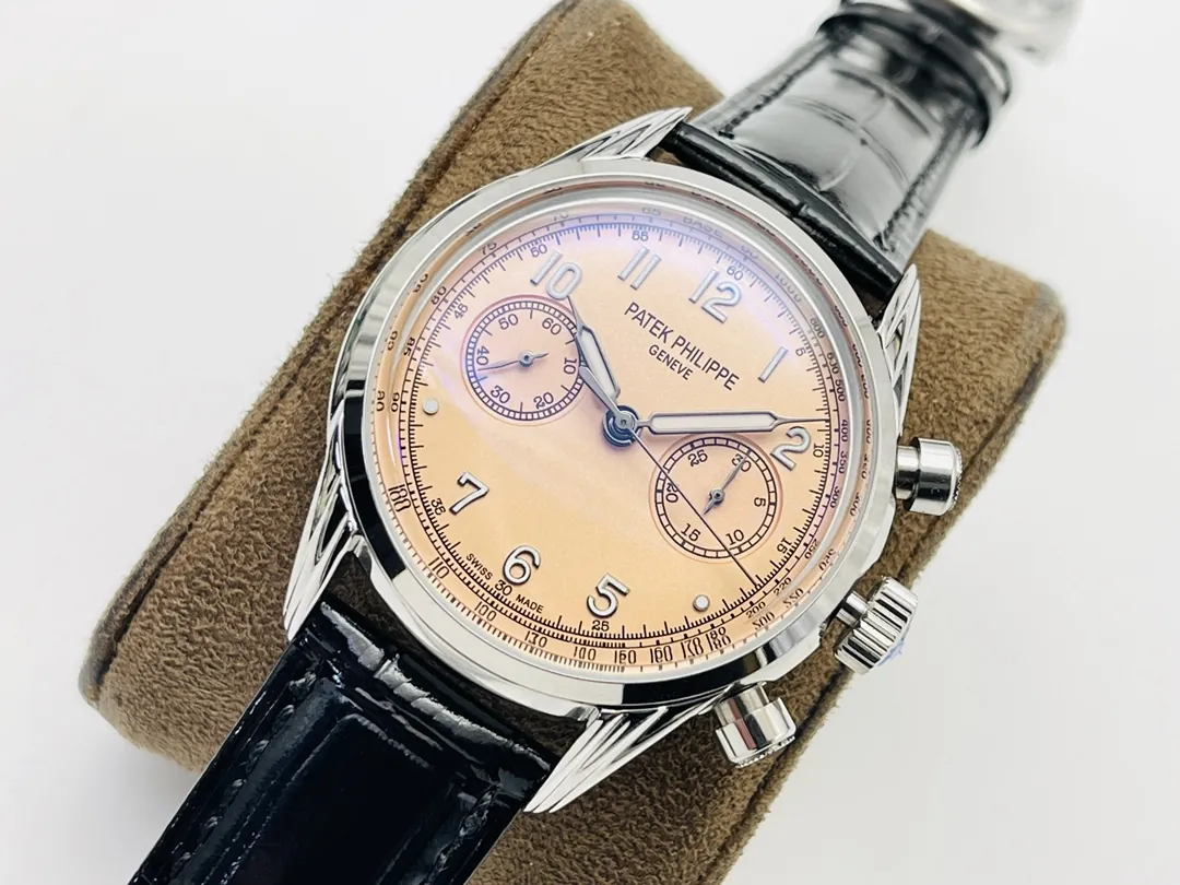 Patek Philippe Complications 5172G-010 Replica Rose Opaline "Salmon" Dial Black Leather Strap 41mm Chronograph Watch Dial Side View 2