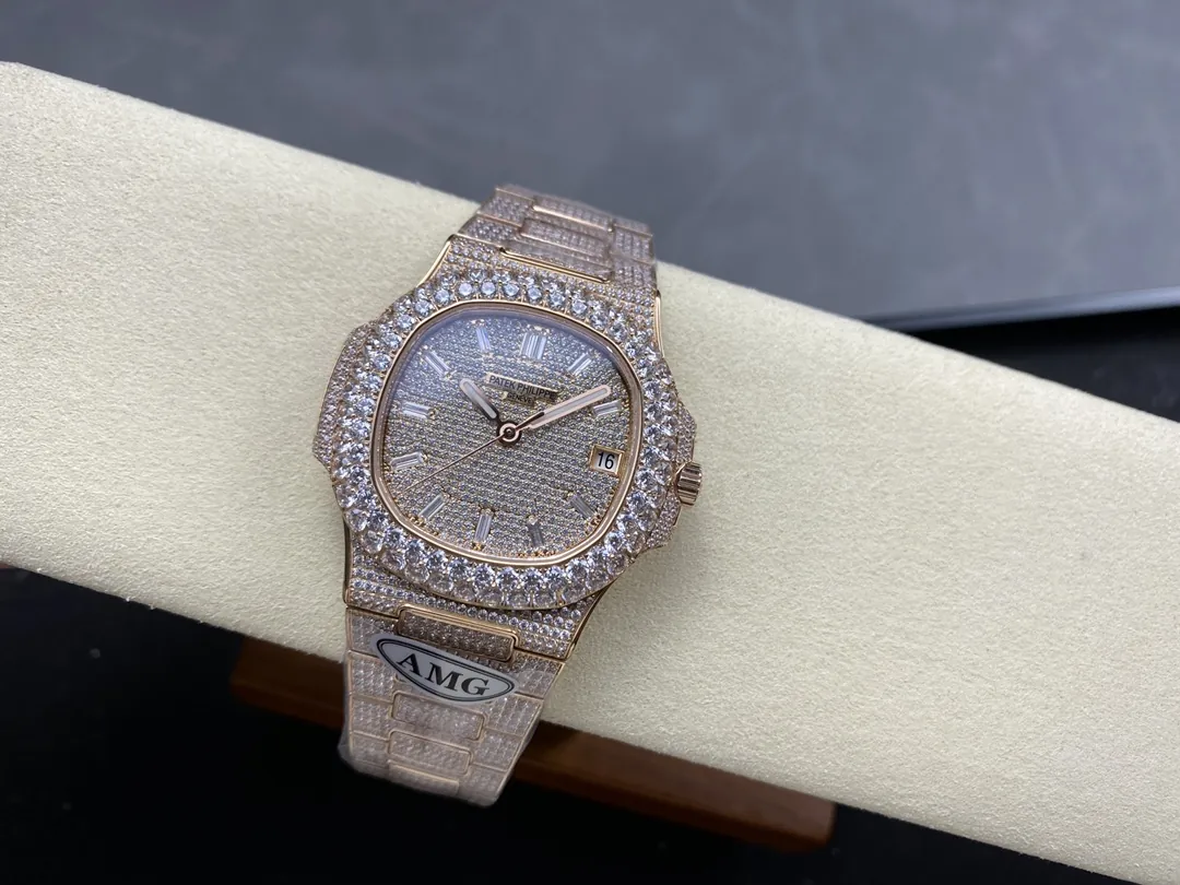 Luxury AMG Patek Philippe Nautilus 5711 Full Diamond Pavé Dial Baguette Markers Diamond-Set Bracelet Rose Gold Watch Side Profile Of The Dial 2