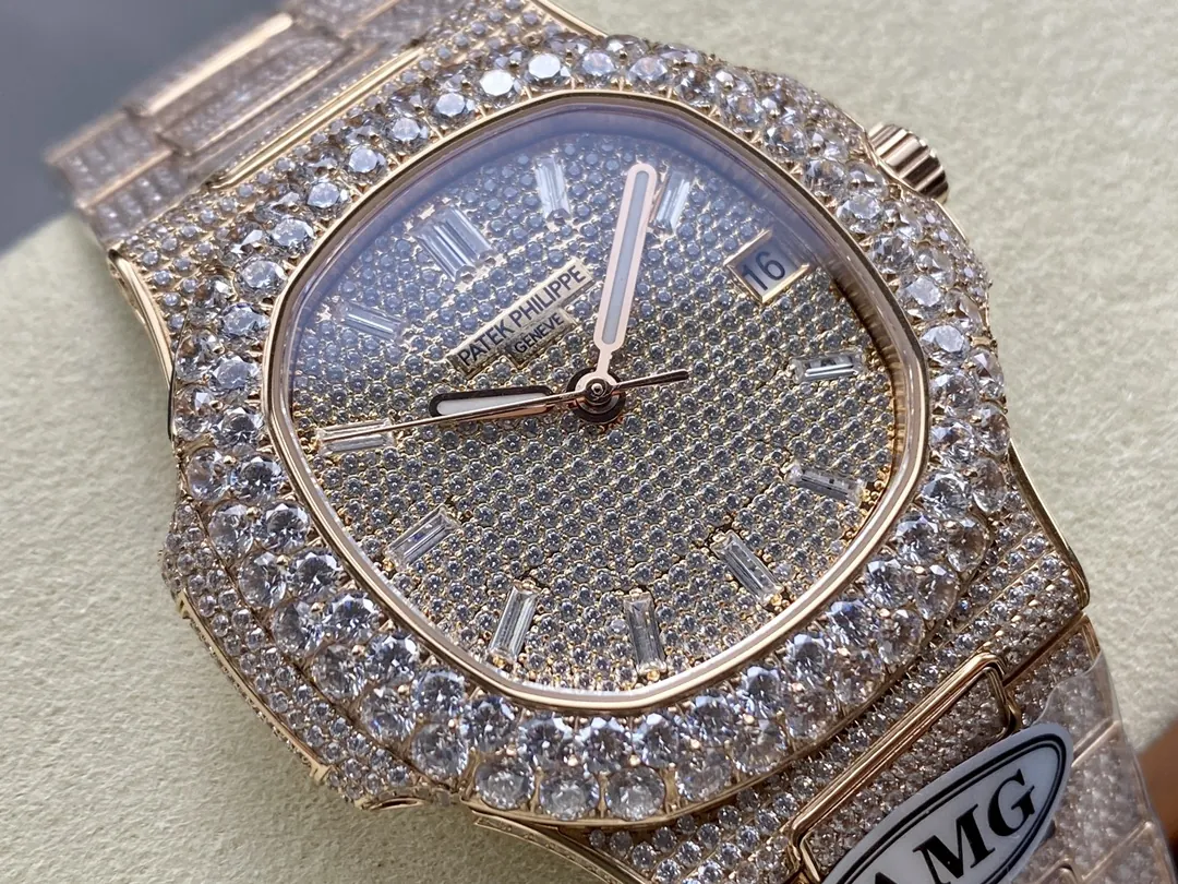 Luxury AMG Patek Philippe Nautilus 5711 Full Diamond Pavé Dial Baguette Markers Diamond-Set Bracelet Rose Gold Watch Dial Detail 1