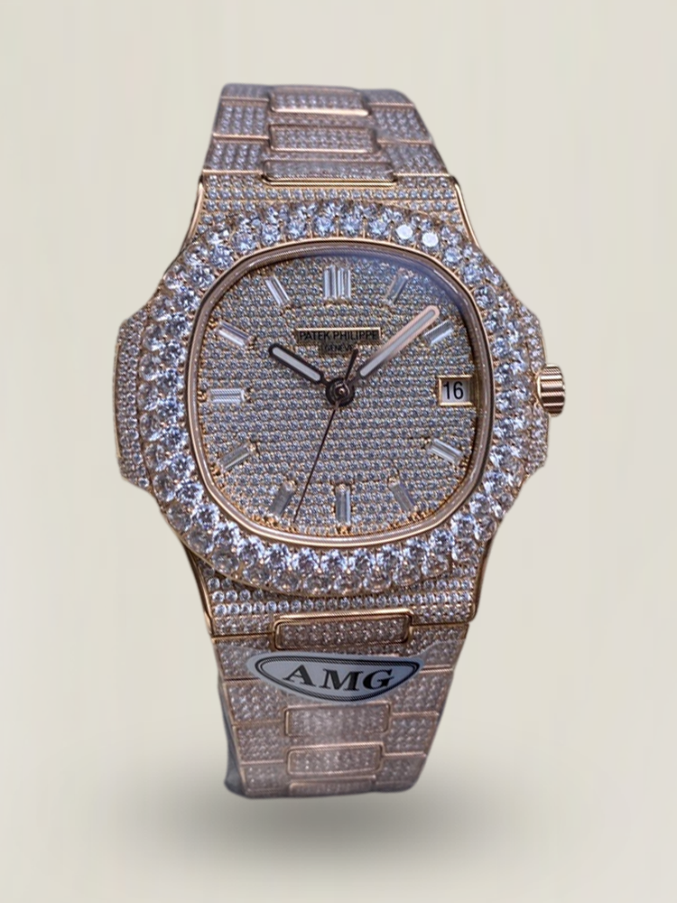 Luxury AMG Patek Philippe Nautilus 5711 Full Diamond Pavé Dial Baguette Markers Diamond-Set Bracelet Rose Gold Watch Main Image