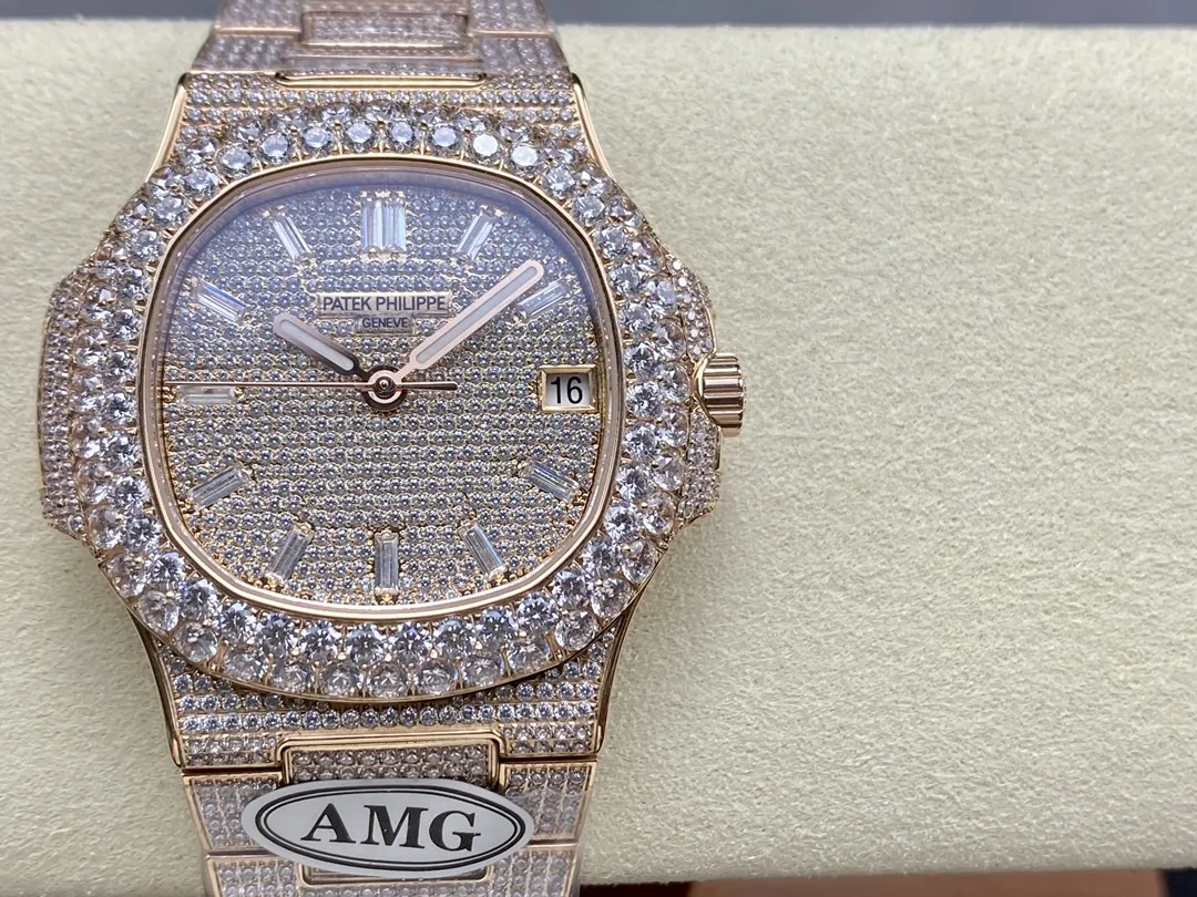 Luxury AMG Patek Philippe Nautilus 5711 Full Diamond Pavé Dial Baguette Markers Diamond-Set Bracelet Rose Gold Watch Front View