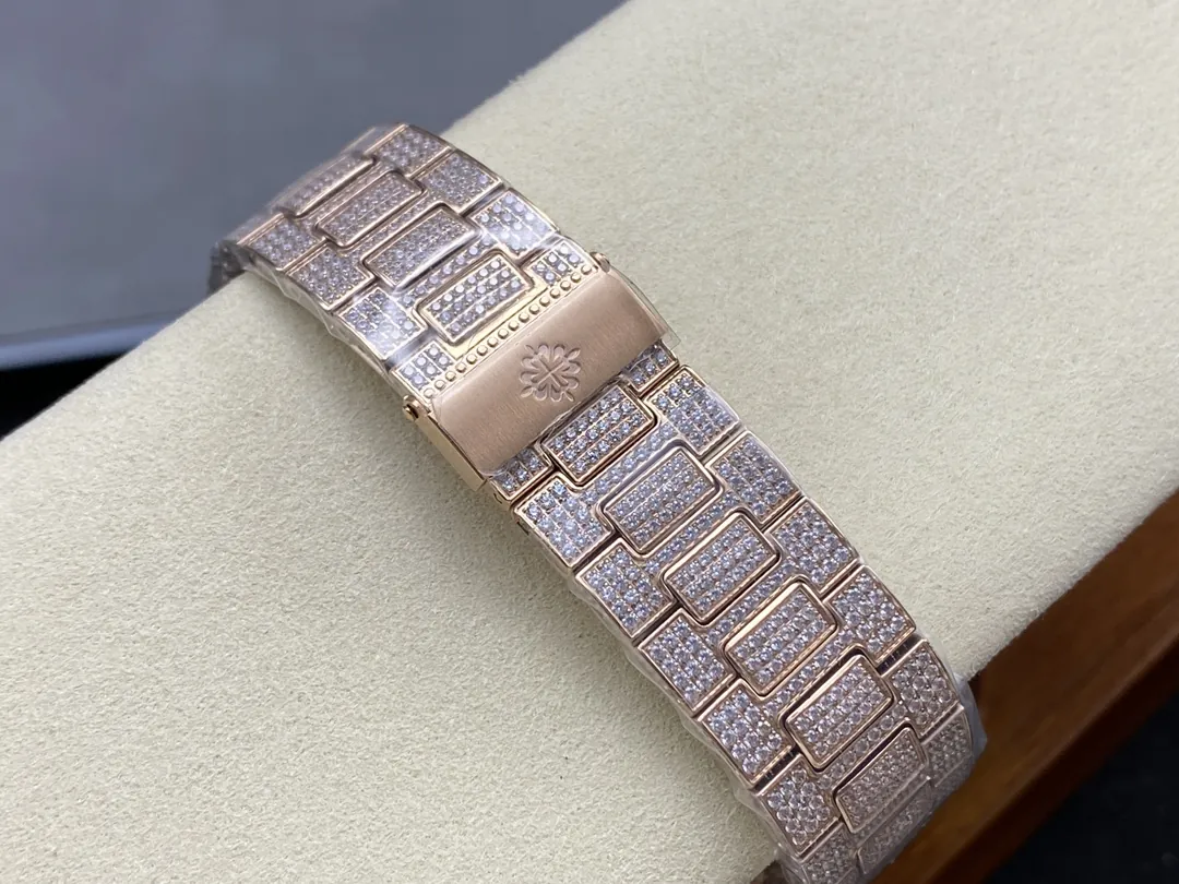 Luxury AMG Patek Philippe Nautilus 5711 Full Diamond Pavé Dial Baguette Markers Diamond-Set Bracelet Rose Gold Watch Bracelet