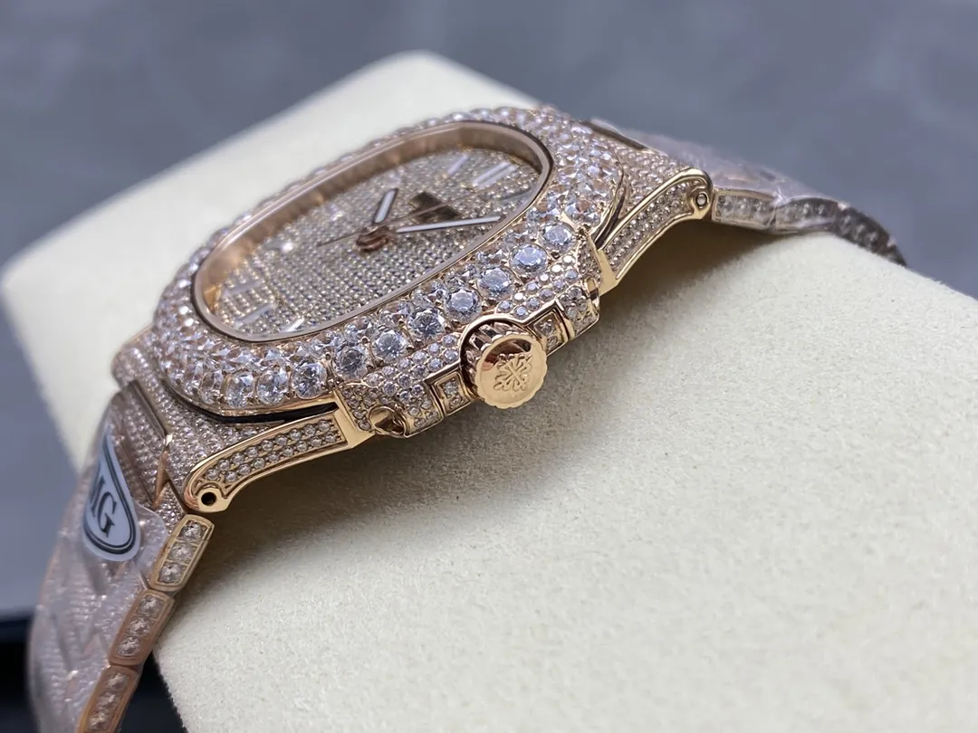 Luxury AMG Patek Philippe Nautilus 5711 Full Diamond Pavé Dial Baguette Markers Diamond-Set Bracelet Rose Gold Watch Side View 2