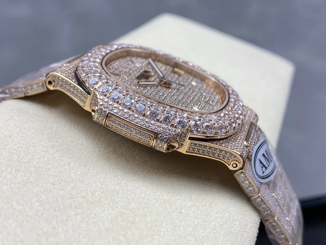Luxury AMG Patek Philippe Nautilus 5711 Full Diamond Pavé Dial Baguette Markers Diamond-Set Bracelet Rose Gold Watch Side View 1