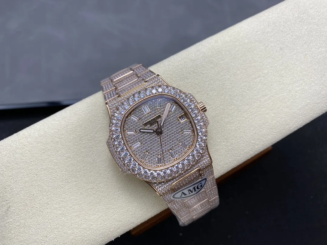 Luxury AMG Patek Philippe Nautilus 5711 Full Diamond Pavé Dial Baguette Markers Diamond-Set Bracelet Rose Gold Watch Side Profile Of The Dial 1