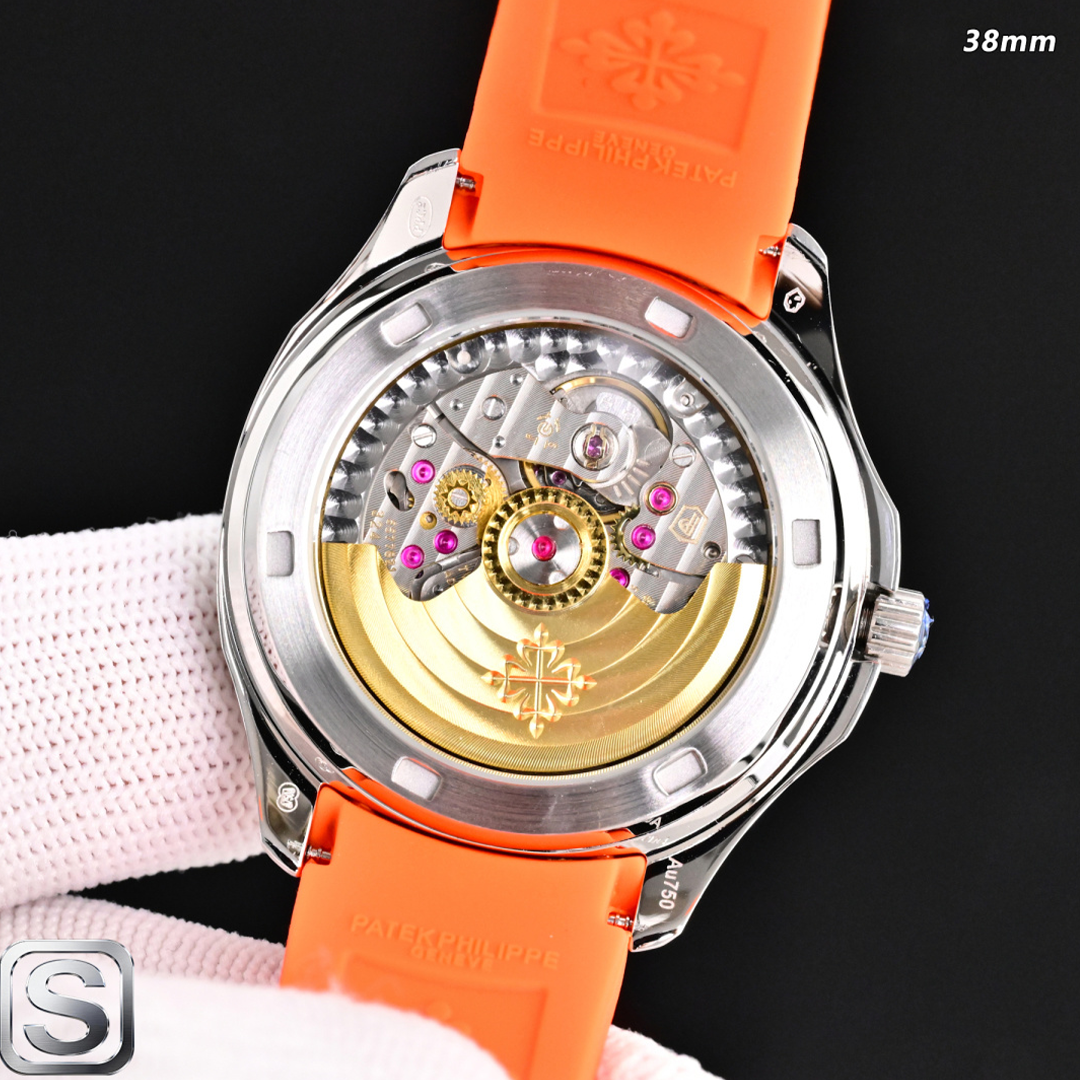 Replica Patek Philippe Aquanaut 5167/1A-001 Grey Dial 38mm 904L Stainless Steel Case Orange Rubber Strap Luxury Watch Case Back