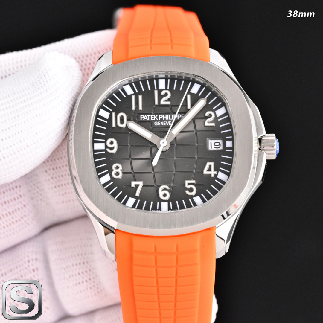 Replica Patek Philippe Aquanaut 5167/1A-001 Grey Dial 38mm 904L Stainless Steel Case Orange Rubber Strap Luxury Watch Front View
