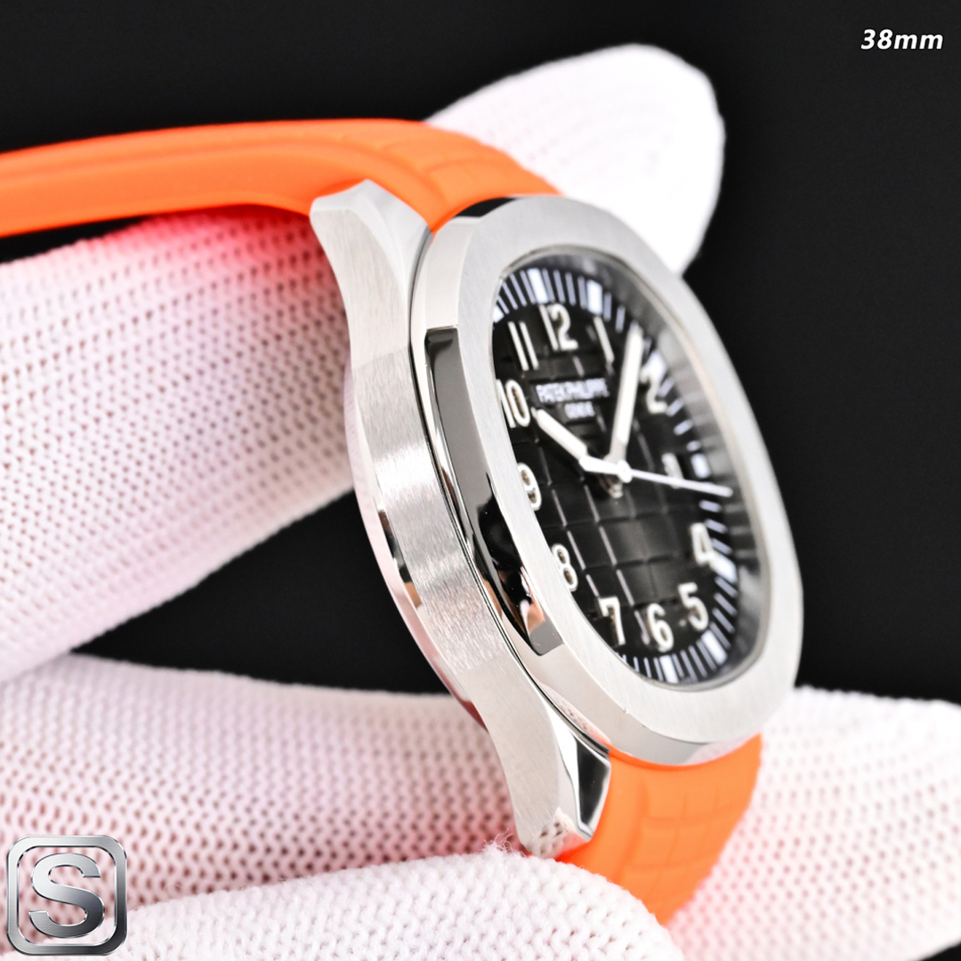 Replica Patek Philippe Aquanaut 5167/1A-001 Grey Dial 38mm 904L Stainless Steel Case Orange Rubber Strap Luxury Watch Side View 1
