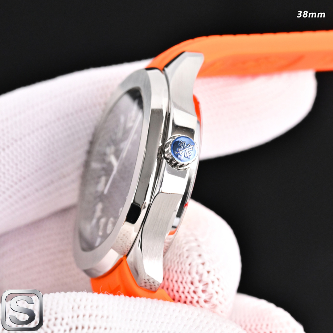 Replica Patek Philippe Aquanaut 5167/1A-001 Grey Dial 38mm 904L Stainless Steel Case Orange Rubber Strap Luxury Watch Side View 2