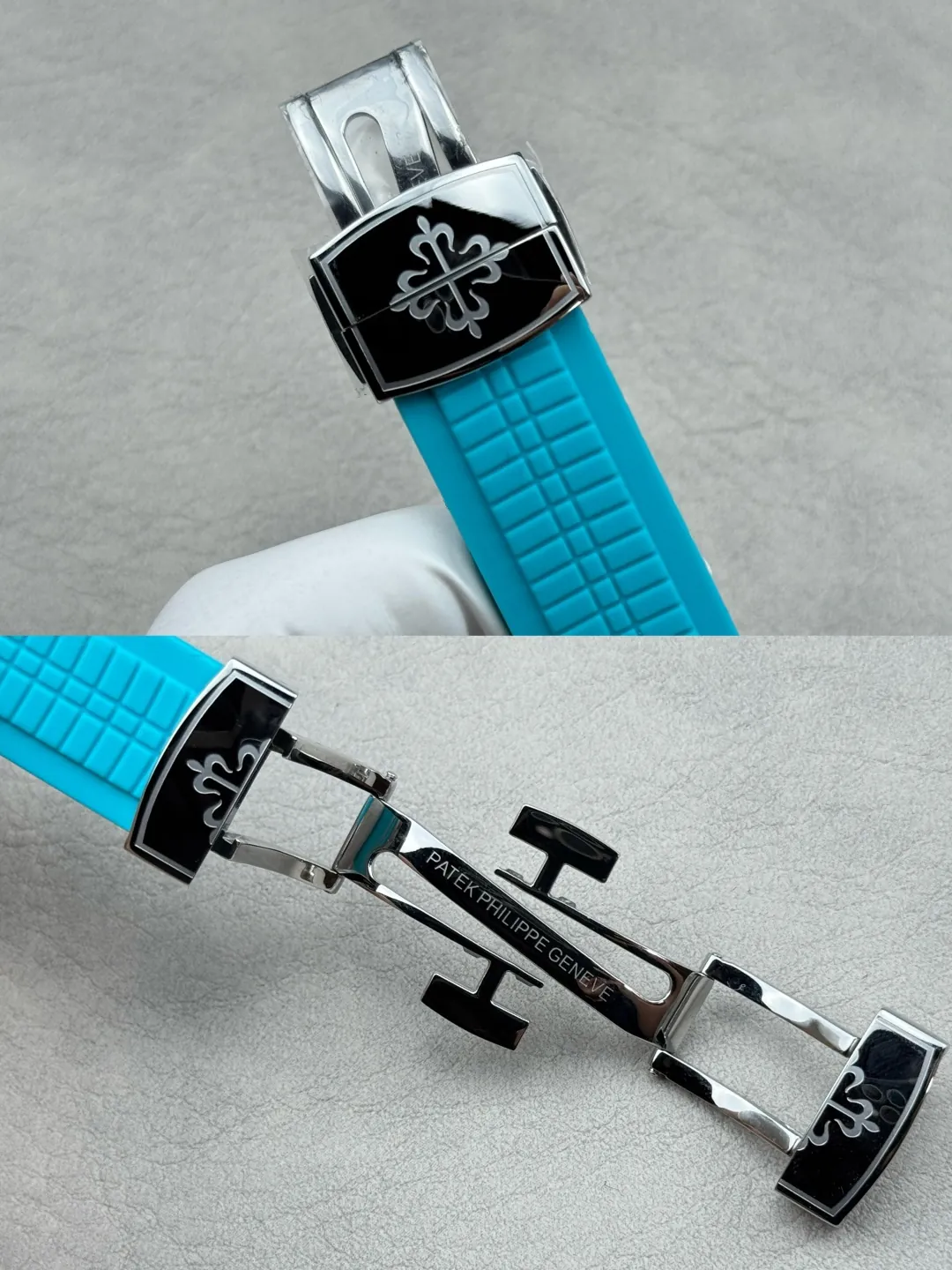 PPF Luxury Patek Philippe Aquanaut 5167 Replica Gradient Rock Grey Dial Diamond-Set Bezel Tiffany Blue Rubber Strap Watch Strap and Clasp