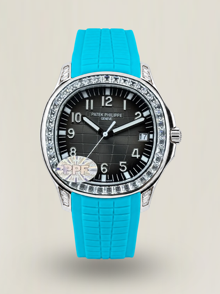 PPF Luxury Patek Philippe Aquanaut 5167 Replica Gradient Rock Grey Dial Diamond-Set Bezel Tiffany Blue Rubber Strap Watch Main Image