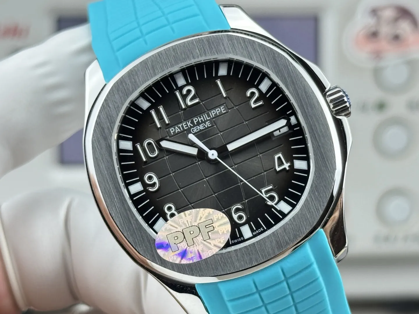 PPF Factory Patek Philippe Aquanaut 5167A Replica Sunburst Charcoal Gray Dial Tiffany Blue Rubber Strap Luxury Watch Dial Detail 1